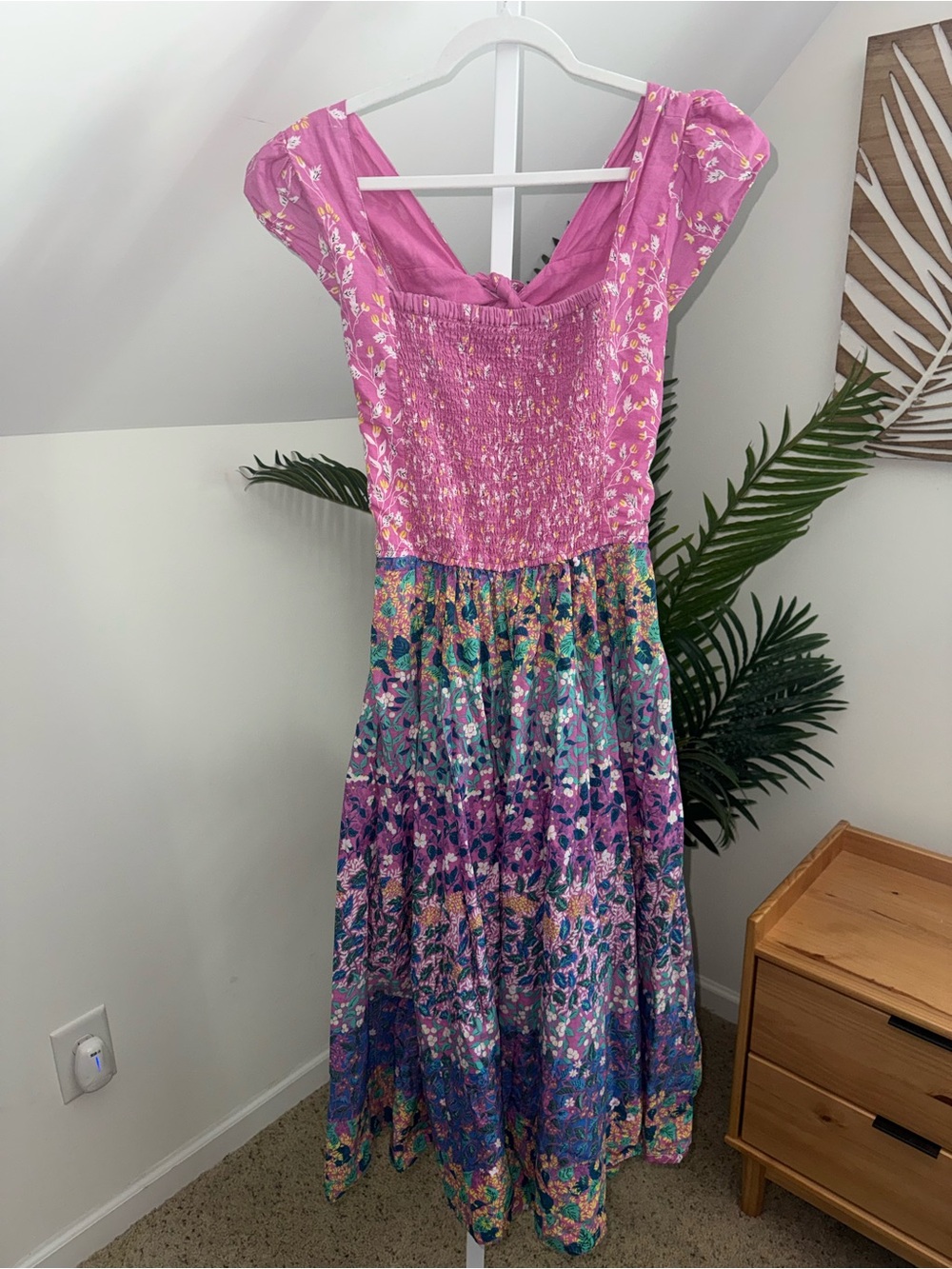 Caroline Constas Floral Tiered Midi Dress Large Pink‎ Colorful Cottagecore